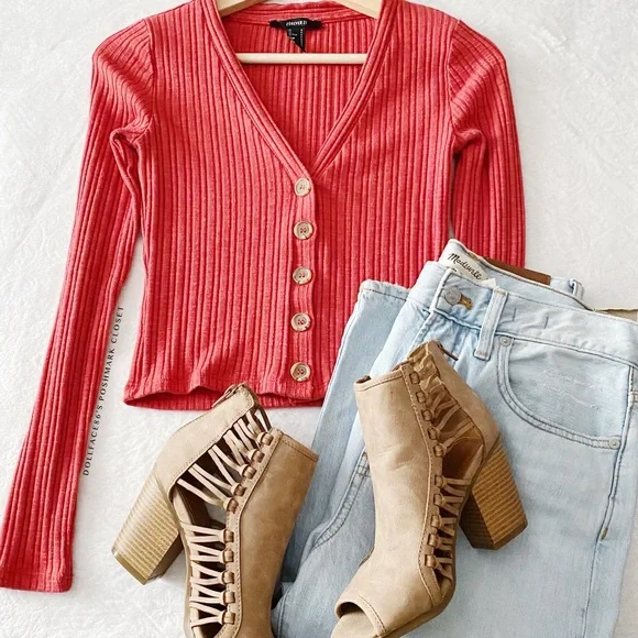 Red Ribbed Cardigan Top - Picture 1 of 6